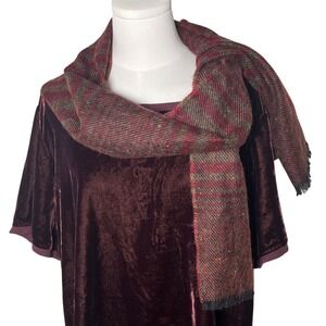 Tweed Plaid Scarf Wool Mohair Blend Fringe Red Green Brown Made in France